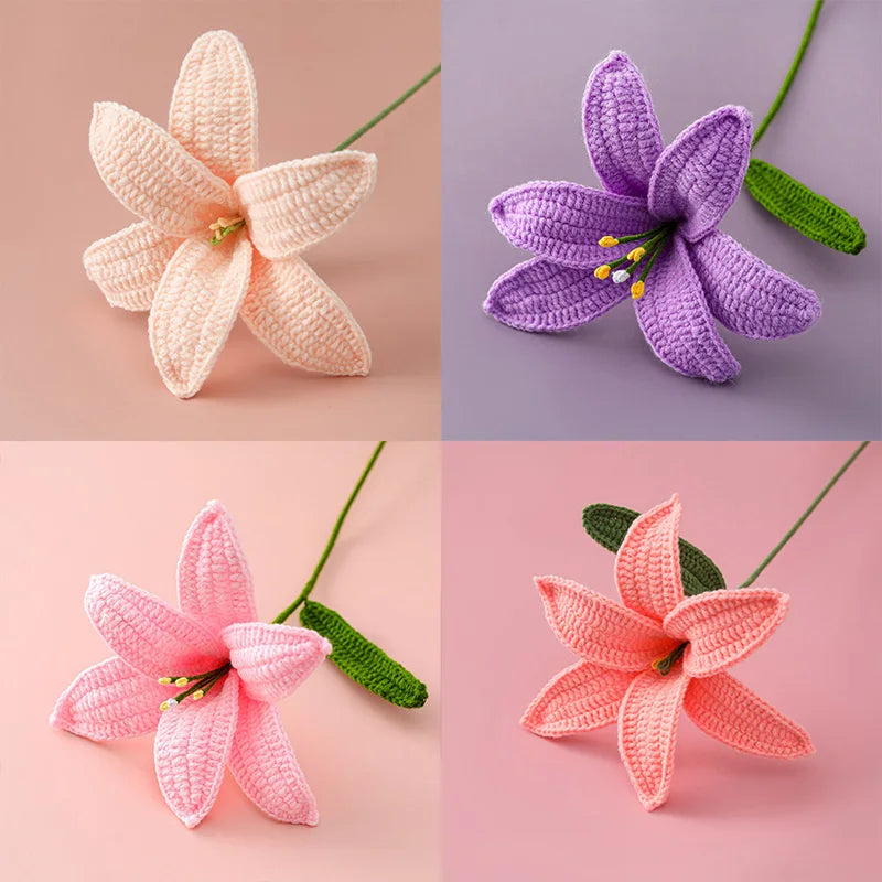 Artificial Flowers Hand-Knitted Lily Mother' Day Gift Crochet Flowers Homemade Bouquet Flower Home Desktop Decor Valentine'S Day