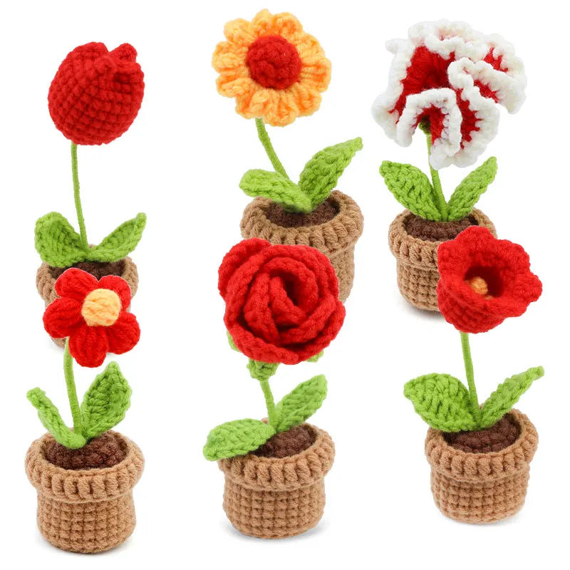 6Pcs Crochet Potted Flower Kit for Beginners with Video Tutorial Cotton Knitting Yarn Thread Needles Hooks Knit Tool Set