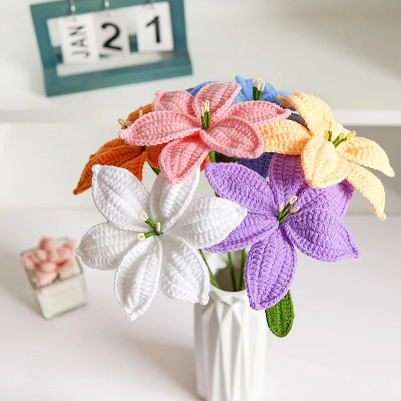 Artificial Flowers Hand-Knitted Lily Mother' Day Gift Crochet Flowers Homemade Bouquet Flower Home Desktop Decor Valentine'S Day