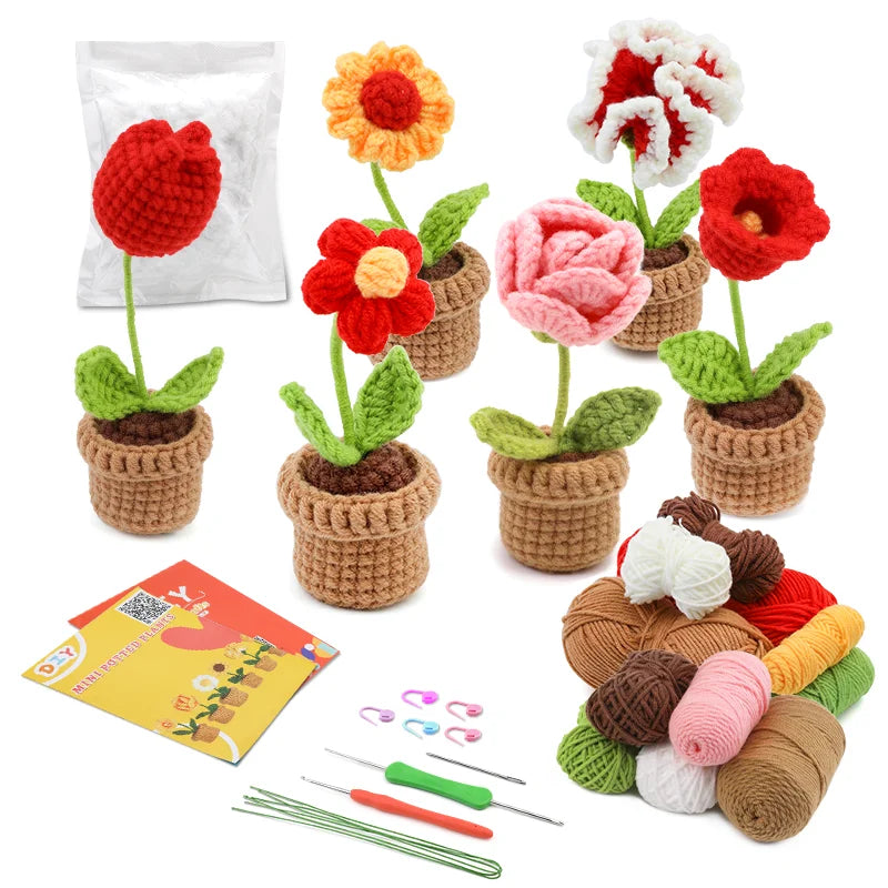 6Pcs Crochet Potted Flower Kit for Beginners with Video Tutorial Cotton Knitting Yarn Thread Needles Hooks Knit Tool Set