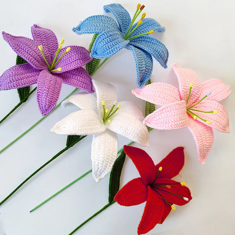 Artificial Flowers Hand-Knitted Lily Mother' Day Gift Crochet Flowers Homemade Bouquet Flower Home Desktop Decor Valentine'S Day