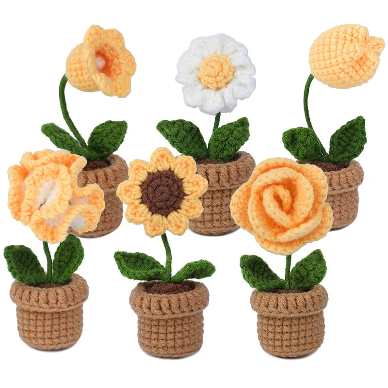 6Pcs Crochet Potted Flower Kit for Beginners with Video Tutorial Cotton Knitting Yarn Thread Needles Hooks Knit Tool Set